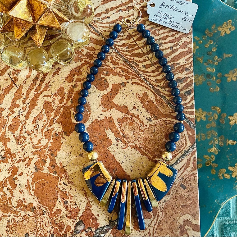 Vintage chic ceramic statement necklace. Cobalt and gold.
